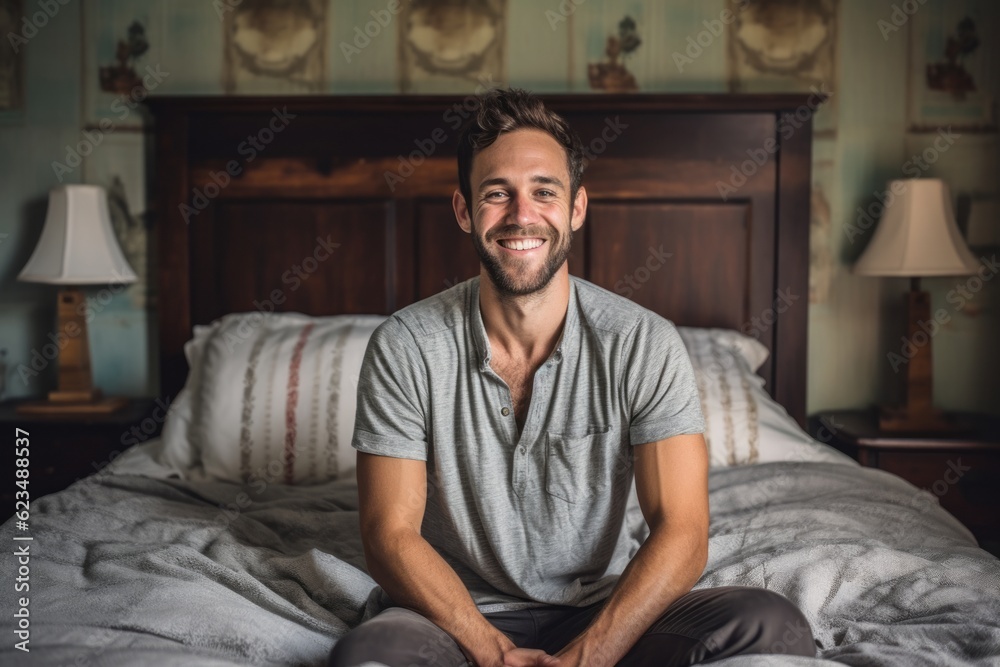 Fototapeta premium Editorial portrait photography of a happy boy in his 30s wearing a casual t-shirt against a cozy bed and breakfast background. With generative AI technology