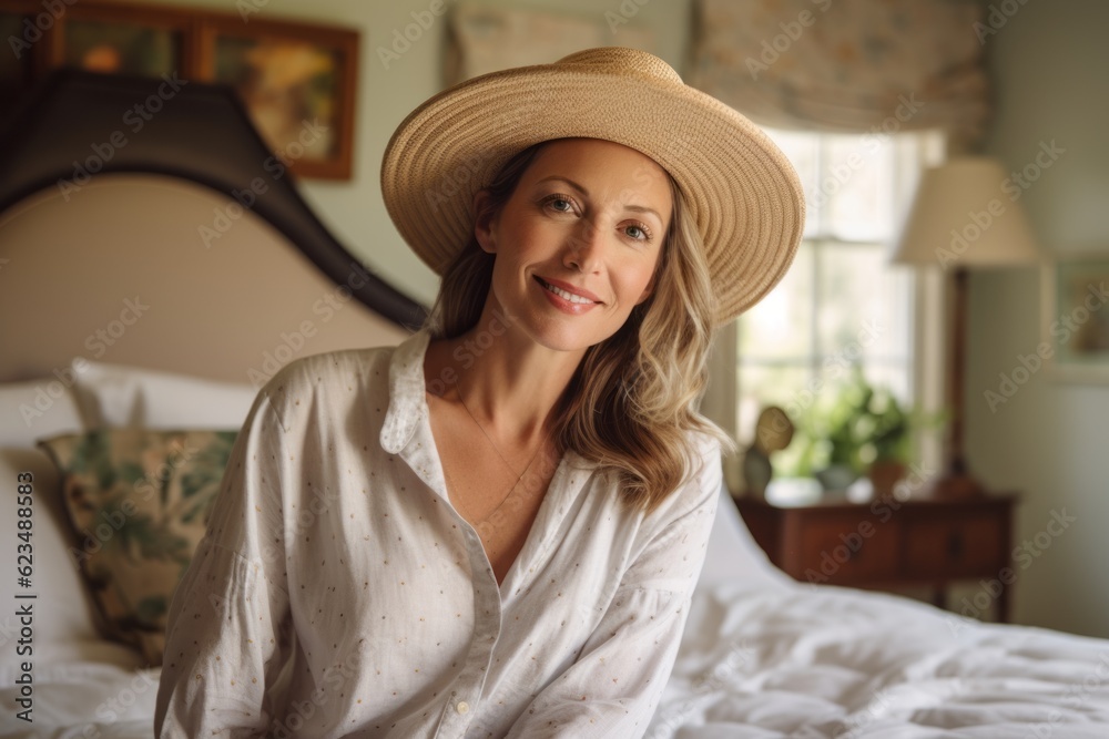 Lifestyle portrait photography of a tender mature woman wearing a stylish sun hat against a cozy bed and breakfast background. With generative AI technology