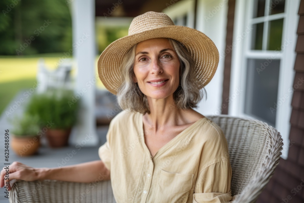 Lifestyle portrait photography of a tender mature woman wearing a stylish sun hat against a cozy bed and breakfast background. With generative AI technology