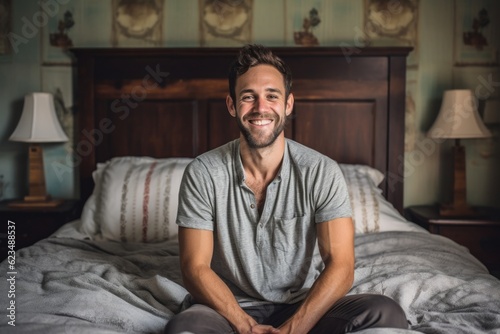 Editorial portrait photography of a happy boy in his 30s wearing a casual t-shirt against a cozy bed and breakfast background. With generative AI technology © Markus Schröder