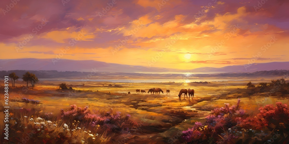 AI Generated. AI Generative. Wild horses on field meadow nature outdoor landscape. Relaxing calm inner peace vacation adventure western sountryside lifestyle vibe. Graphic Art - obrazy, fototapety, plakaty 