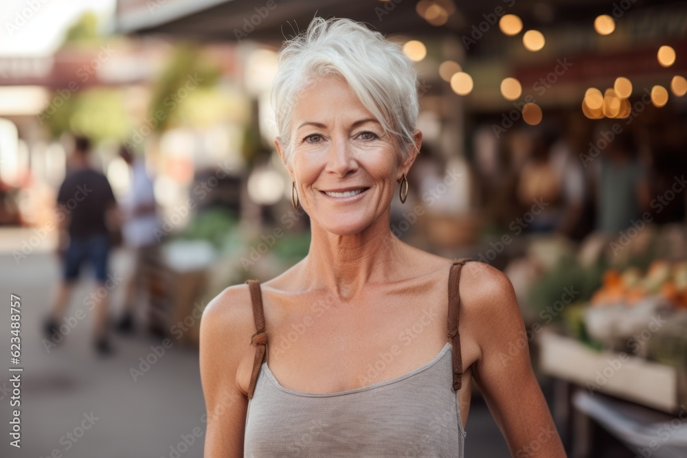 Casual fashion portrait photography of a glad mature woman wearing a daring tube top against a bustling farmer's market background. With generative AI technology