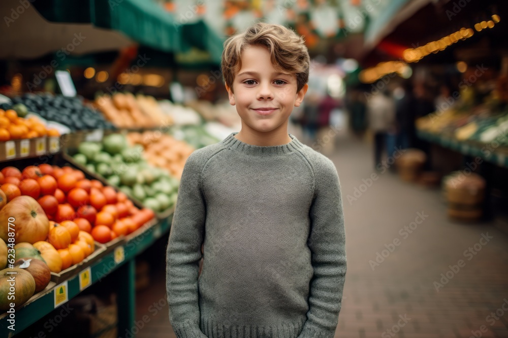 Full-length portrait photography of a satisfied mature boy wearing a cozy sweater against a bustling farmer's market background. With generative AI technology