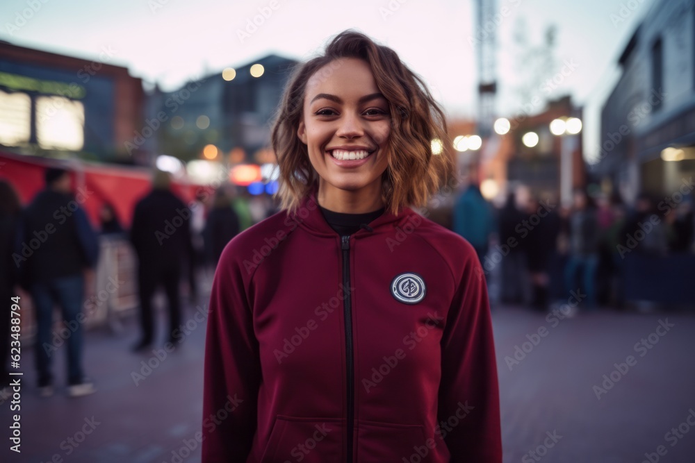 Fototapeta premium Sports portrait photography of a happy girl in her 30s wearing a comfortable tracksuit against a lively concert venue background. With generative AI technology