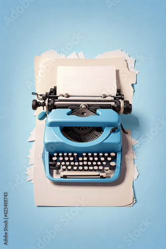 Vintage typewriter with paper on blue background, 3d render