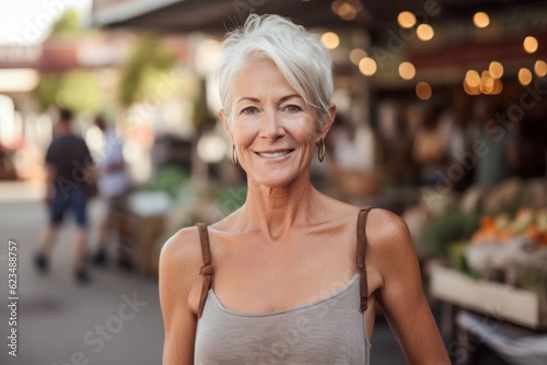 Casual fashion portrait photography of a glad mature woman wearing a daring tube top against a bustling farmer's market background. With generative AI technology