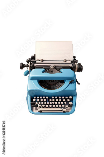 Blue vintage typewriter with blank paper isolated on a white background.