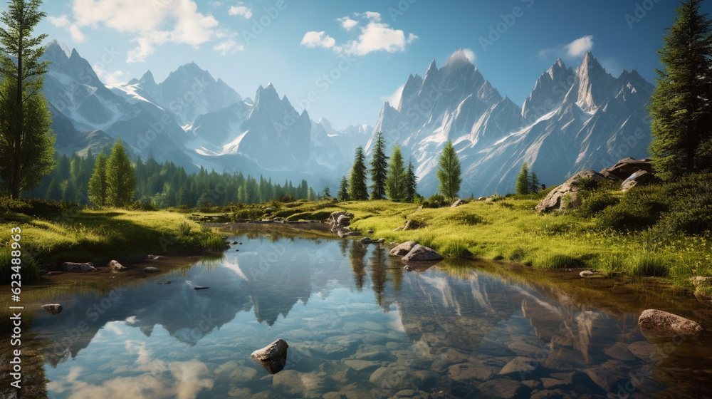 lake in the mountains HD 8K wallpaper Stock Photographic Image