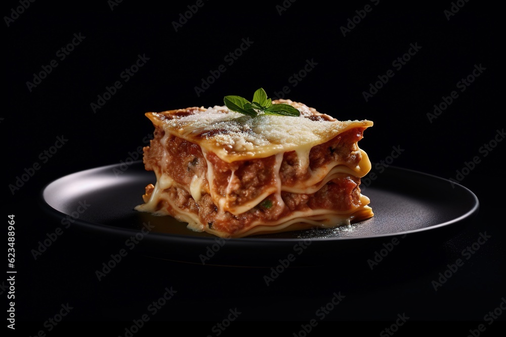 Lasagna dish served on a plate, topped with Parmesan cheese. Made with Generative AI.