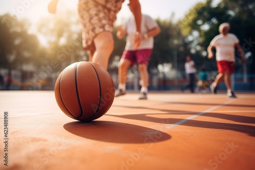 Grandparents enjoy a friendly game of basketball on the court. Made with Generative AI.