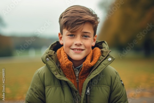 Lifestyle portrait photography of a grinning boy in his 30s wearing a warm parka against a historic battlefield background. With generative AI technology