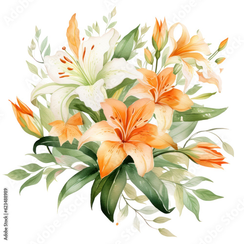 Watercolor lilly bouquet. Illustration AI Generative.