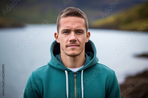 Close-up portrait photography of a satisfied boy in his 30s wearing a comfortable hoodie against a scenic lagoon background. With generative AI technology