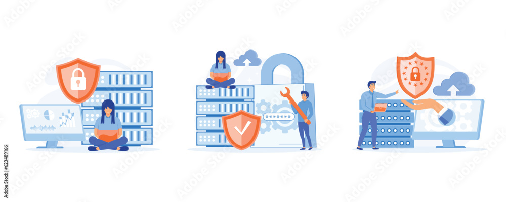 database security, phishing, hacker attack concept. hackers stealing personal data, set flat vector modern illustration
