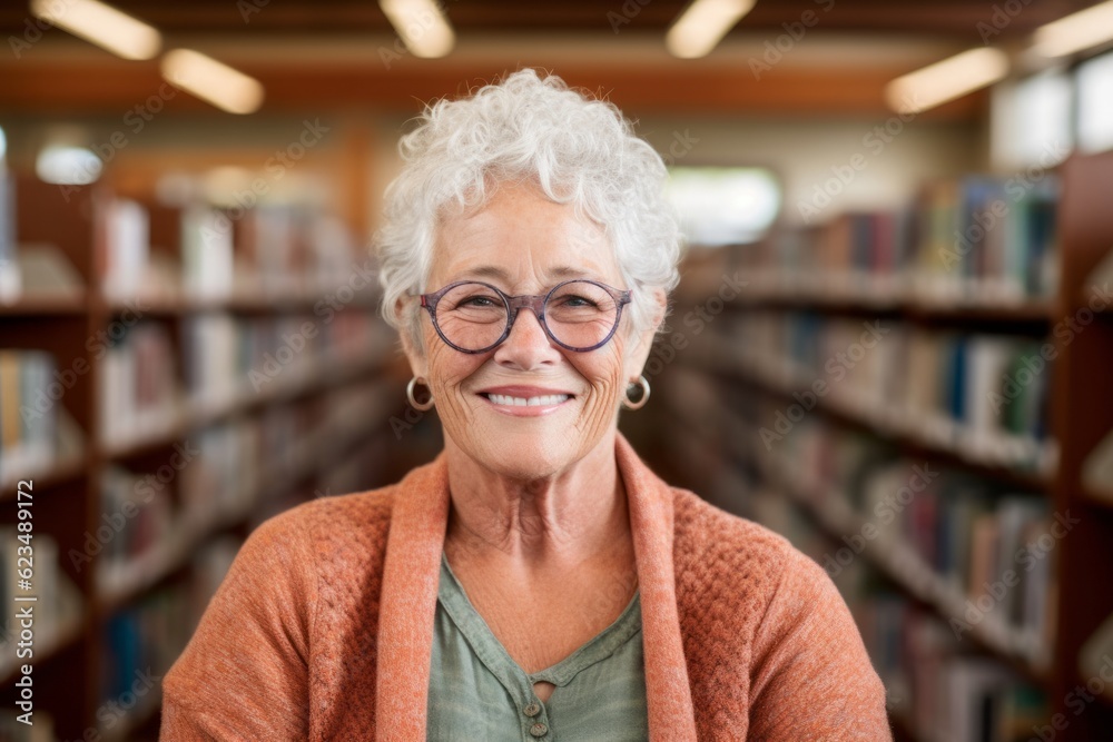 Sports portrait photography of a happy mature woman wearing a daring tube top against a quiet library background. With generative AI technology Sports portrait photography of a happy mature woman wearing a daring tube top against a quiet library background. With generative AI technology