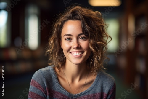 Headshot portrait photography of a satisfied girl in her 30s wearing a cute crop top against a quiet library background. With generative AI technology
