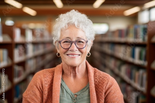 Sports portrait photography of a happy mature woman wearing a daring tube top against a quiet library background. With generative AI technology © Markus Schröder