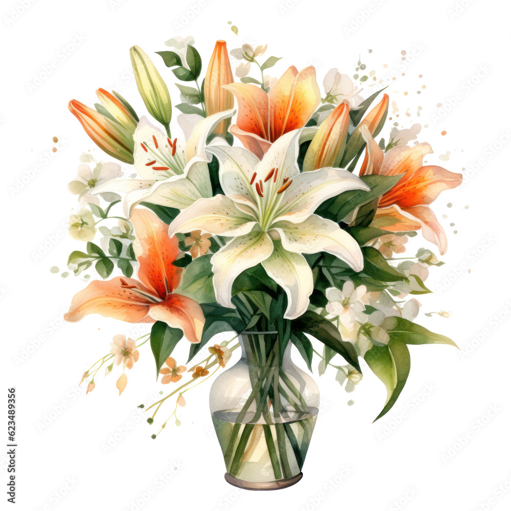 Watercolor lilly bouquet. Illustration AI Generative. Watercolor lilly bouquet. Illustration AI Generative.