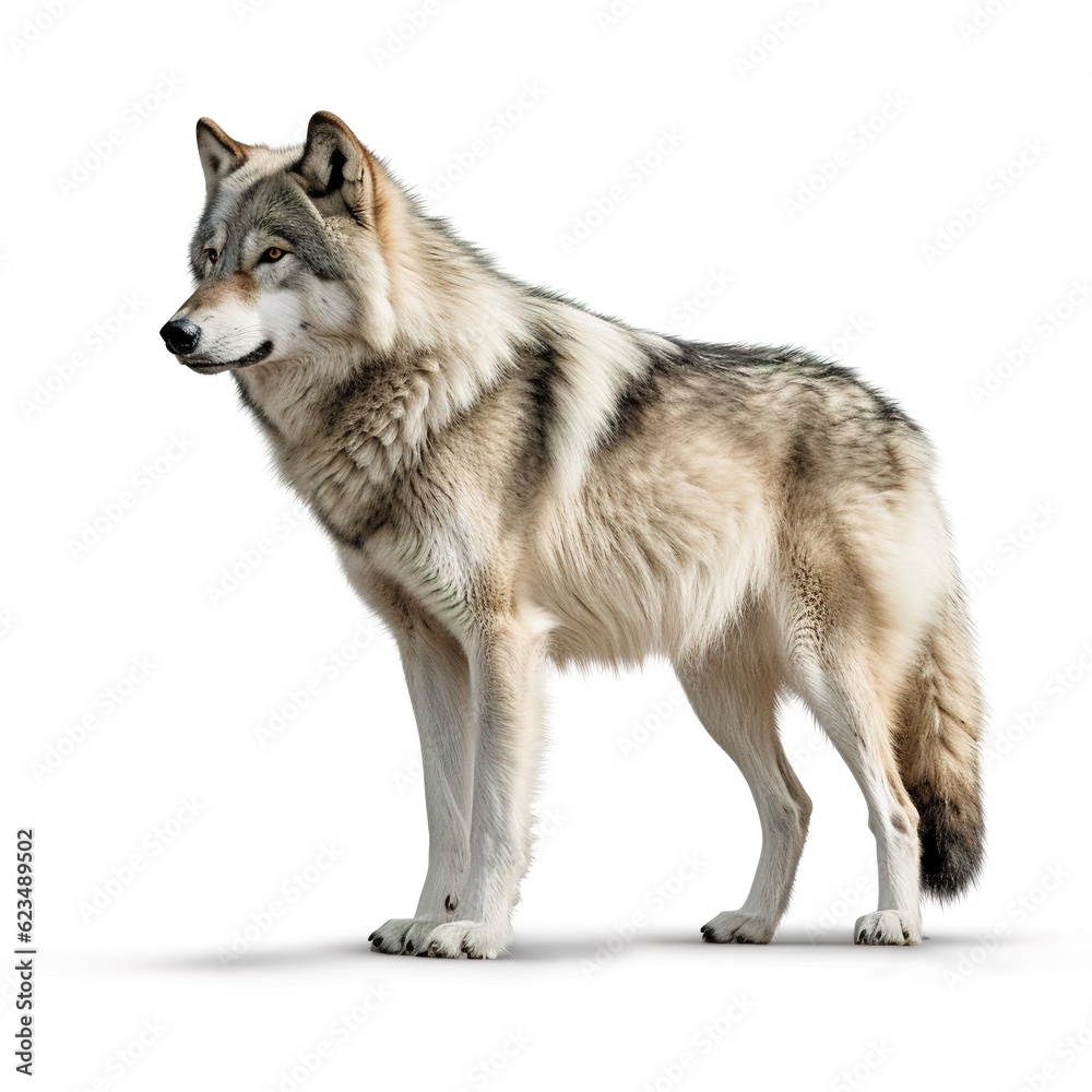 Realistic Wolf isolated on white background. Side view. Made with Generative AI. Realistic Wolf isolated on white background. Side view. Made with Generative AI.