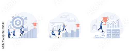 Businessman holding trophy cup, Businesswoman climbing ladder to golden trophy, Success achievement, set flat vector modern illustration 
