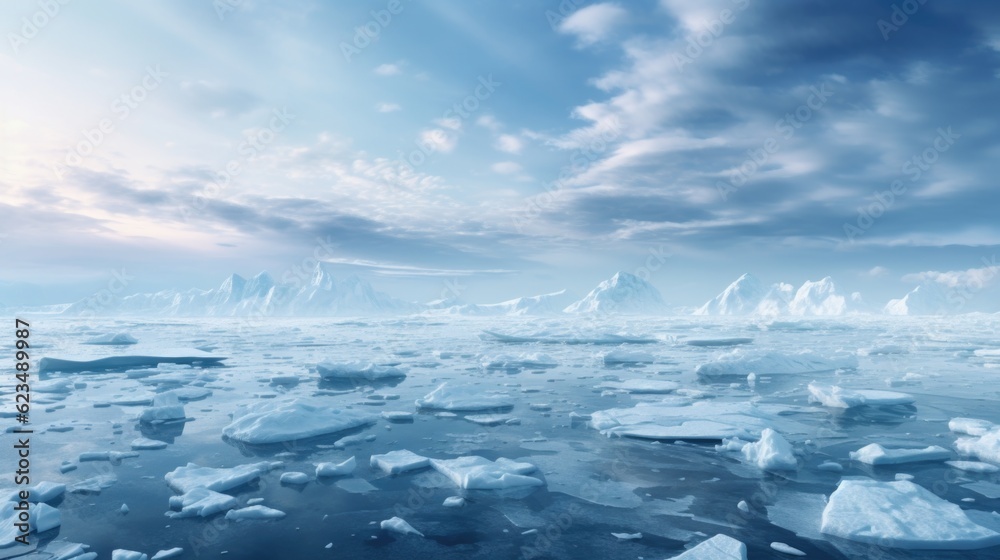 Antarctic landscape with ice floating in ocean water under cloudy blue sky
