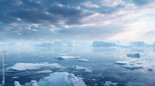 Polar landscape with ice floating in ocean water under cloudy blue sky