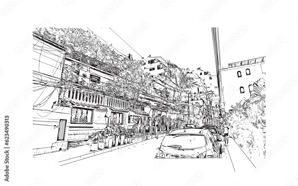  Building view with landmark of Puerto Vallarta
city in Mexico. Hand drawn sketch illustration in vector.