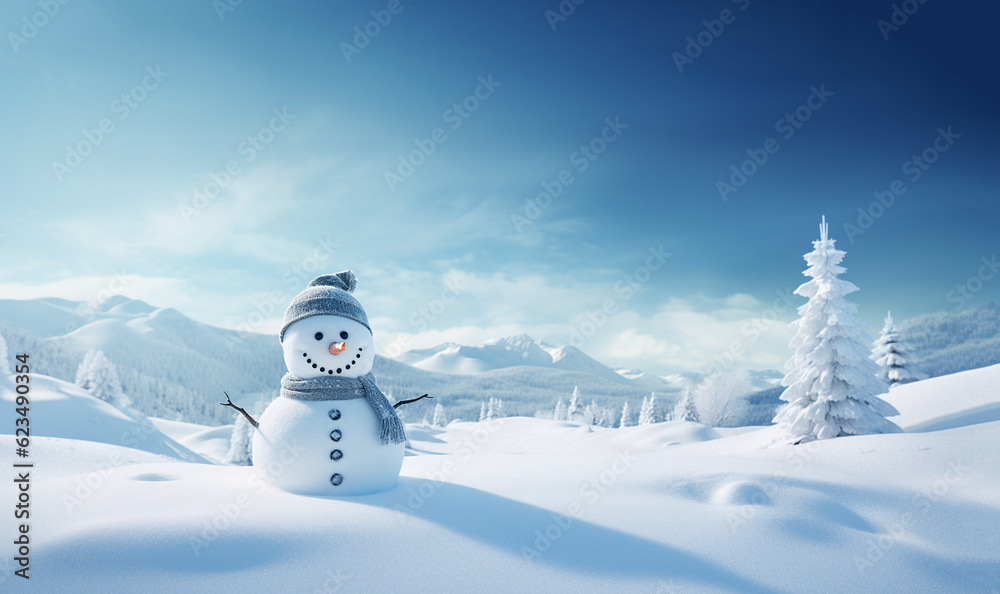 Obraz premium Merry christmas and happy new year greeting card with copy-space.Happy snowman standing in winter christmas landscape.Snow background