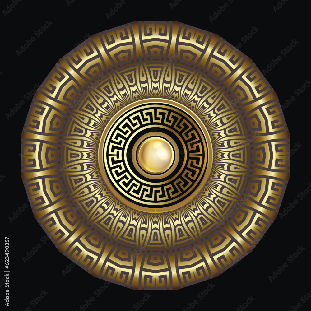 Gold luxury Mandala. Ancient round greek golden 3d ornaments. Vector surface gold meanders pattern on black background. Antique mandala with greek key meanders ornament, frames, borders, flowers