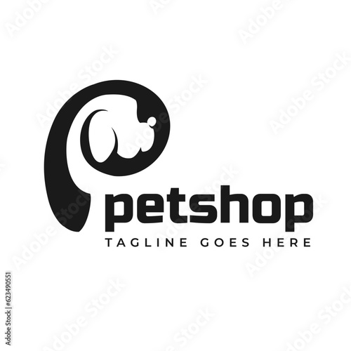 Pet Logo. Silhouette dog's head. Letter P. Icon template desing for veterinary, animal care and pet shop. Brand identity graphic emblem. Vector Illustration
