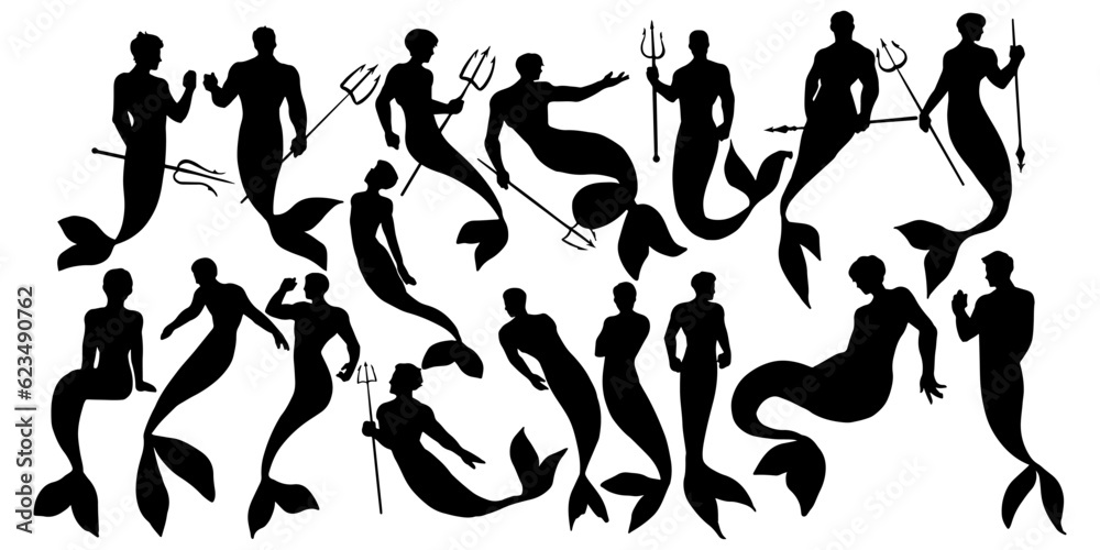 set of silhouette of merman. mermaid man hold trident isolated background.