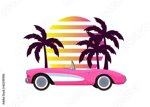 Pink classic corvette car on palm trees  sunset background in retro vintage style. Design t-shirt  print  sticker  poster. Vector