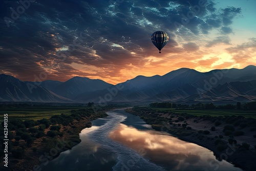 Beautiful view of mountains and lake, aerostat fly hot baloon photo