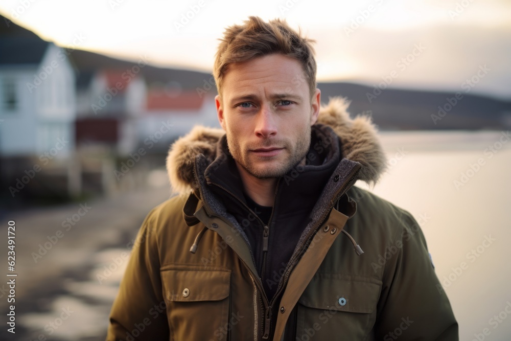 Photography in the style of pensive portraiture of a grinning boy in his 30s wearing a warm parka against a picturesque fishing village background. With generative AI technology Photography in the style of pensive portraiture of a grinning boy in his 30s wearing a warm parka against a picturesque fishing village background. With generative AI technology
