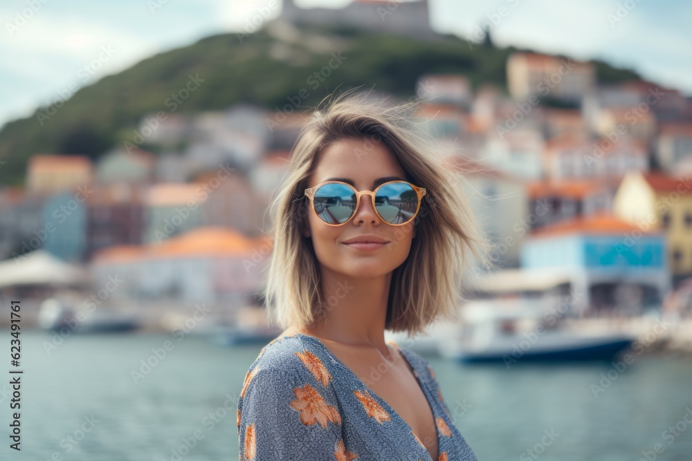 Casual fashion portrait photography of a glad girl in her 30s wearing a trendy sunglasses against a picturesque fishing village background. With generative AI technology