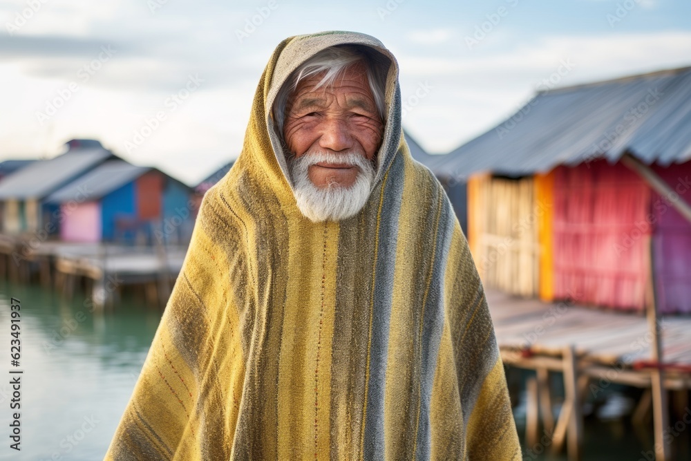 Lifestyle portrait photography of a glad old man wearing a unique poncho against a picturesque fishing village background. With generative AI technology Lifestyle portrait photography of a glad old man wearing a unique poncho against a picturesque fishing village background. With generative AI technology
