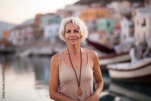 Medium shot portrait photography of a satisfied mature woman wearing underclothing against a picturesque fishing village background. With generative AI technology