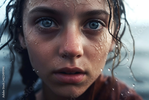 Close up portrait of a young caucasian teen girl standing under raining with her face full of droplet expressionless photo