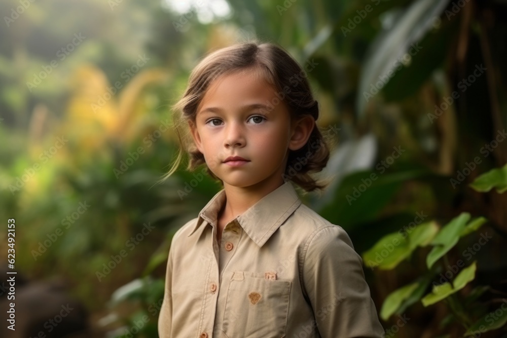 Medium shot portrait photography of a tender kid female wearing a classy button-up shirt against a serene tea garden background. With generative AI technology Medium shot portrait photography of a tender kid female wearing a classy button-up shirt against a serene tea garden background. With generative AI technology