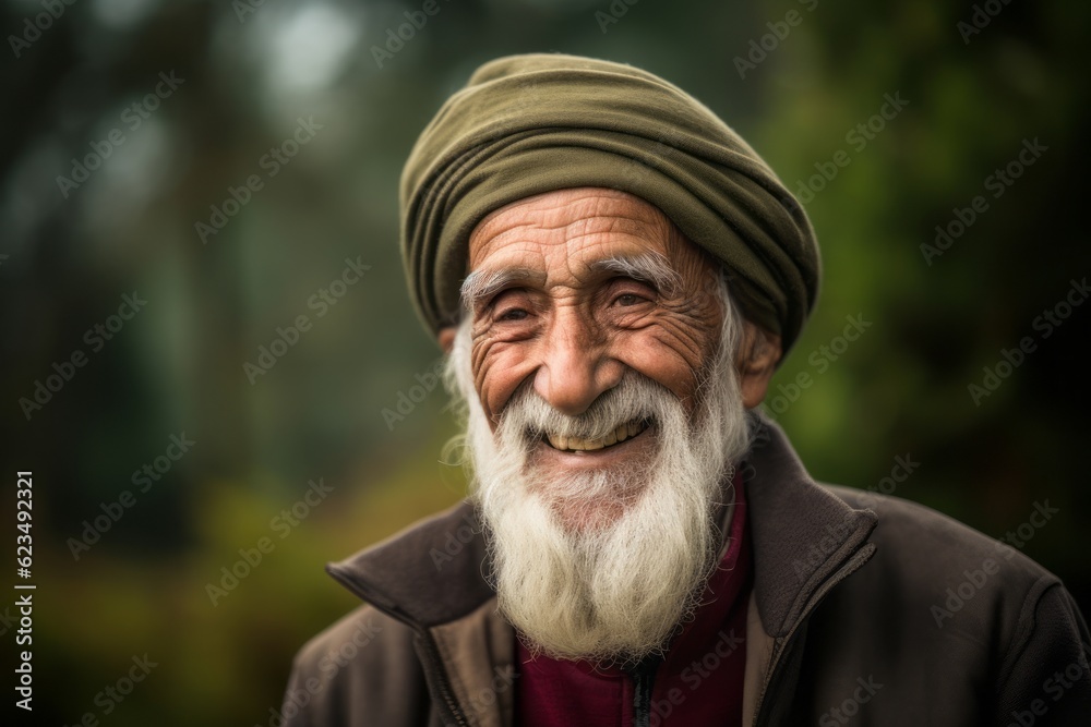 Environmental portrait photography of a grinning old man wearing a warm beanie against a serene tea garden background. With generative AI technology