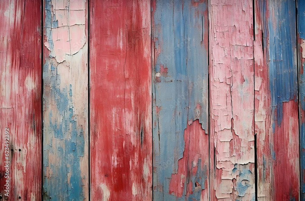 Rusty texture of wood panels in red blue and pink, old wooden background wallpaper , paint almost come out 