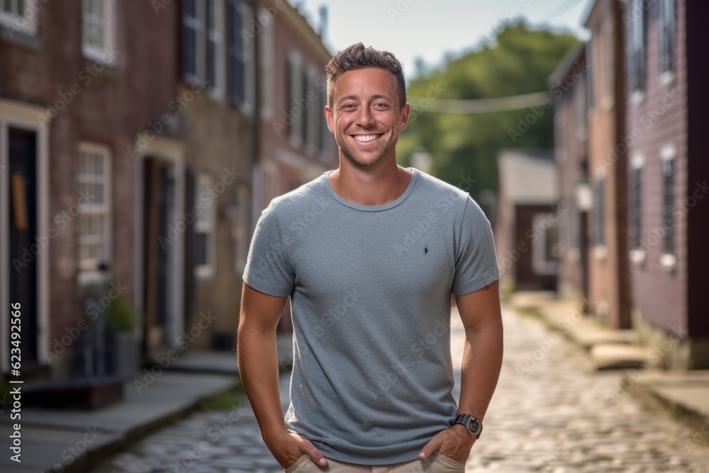 Studio portrait photography of a happy boy in his 30s wearing a casual t-shirt against a historic colonial village background. With generative AI technology Studio portrait photography of a happy boy in his 30s wearing a casual t-shirt against a historic colonial village background. With generative AI technology