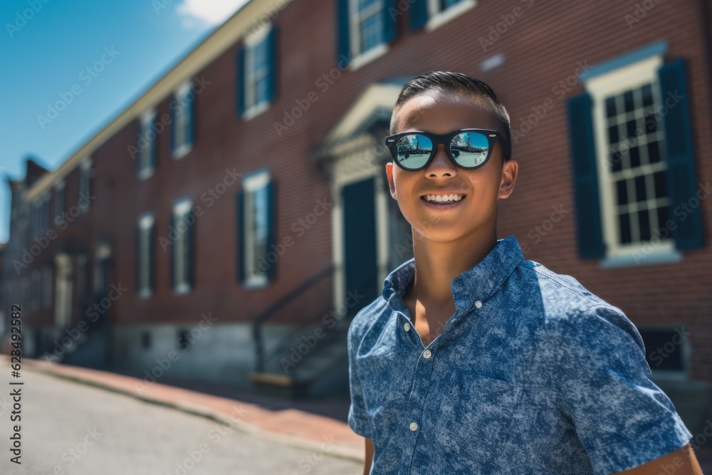 Editorial portrait photography of a joyful boy in his 30s wearing a trendy sunglasses against a historic colonial village background. With generative AI technology