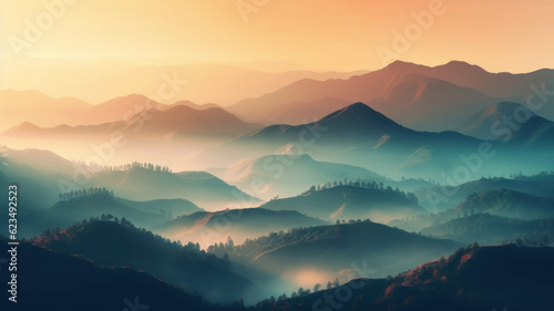 Background Abstract Misty Mountain Range Colourful Wallpaper Digital Art Gradiant Pastel Dramatic Backdrop. Generative AI