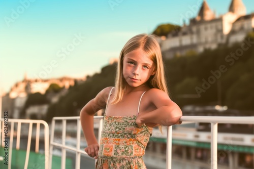 Sports portrait photography of a tender kid female wearing a stylish swimsuit against a scenic riverboat background. With generative AI technology © Markus Schröder