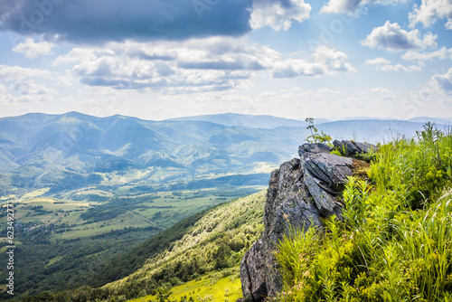 Beautiful view on the Ukrainian Polonynian Beskids to the mountains and valleys. Rocky peaks of the Ukrainian Carpathians in summer. Water-making ridge in the Carpathians, Carpathian mountains photo