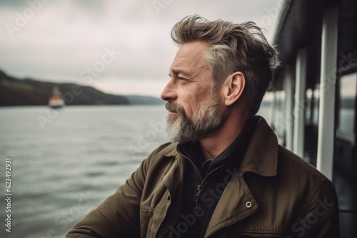 Photography in the style of pensive portraiture of a glad mature man wearing a denim jacket against a scenic riverboat background. With generative AI technology