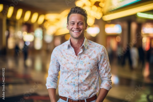 Lifestyle portrait photography of a satisfied boy in his 30s wearing a classy button-up shirt against a bustling casino background. With generative AI technology