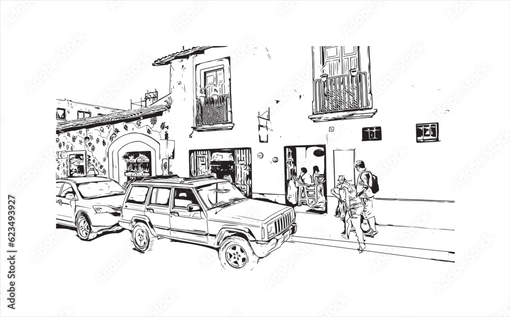 Obraz premium Building view with landmark of Puerto Vallarta city in Mexico. Hand drawn sketch illustration in vector.