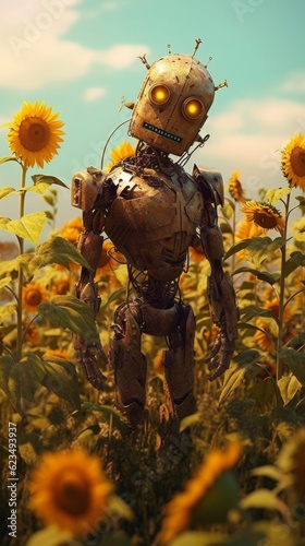 Photo of a robot standing in a field of vibrant sunflowers.generative ai